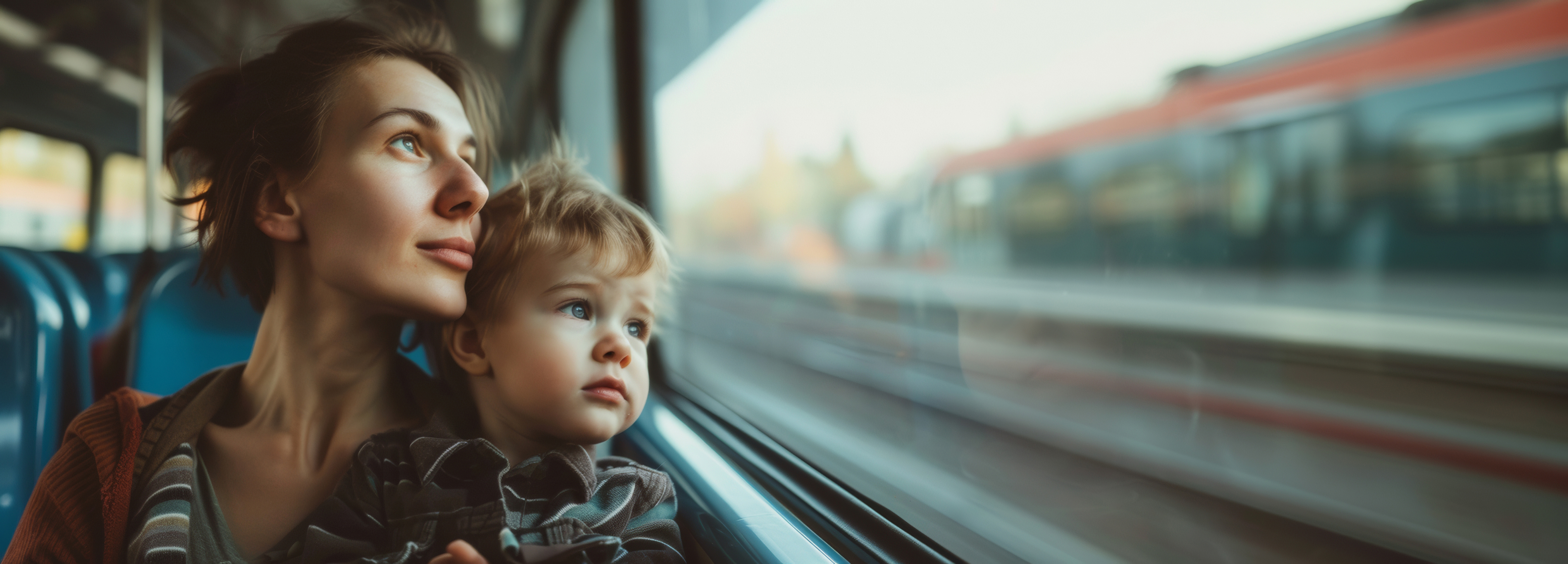Woman and child relaxing on the train